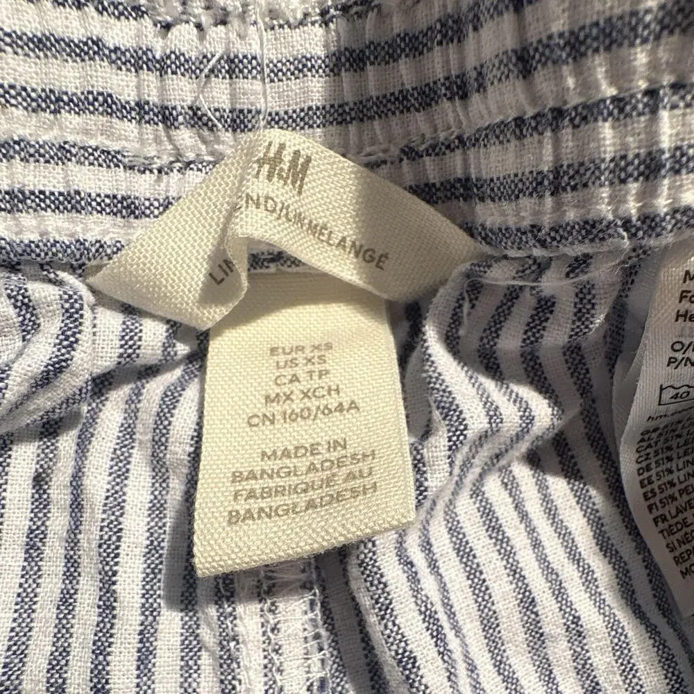 H&M Women's Blue/White Linen & Cotton Straight Leg Pants w/ drawstring, Size XS
